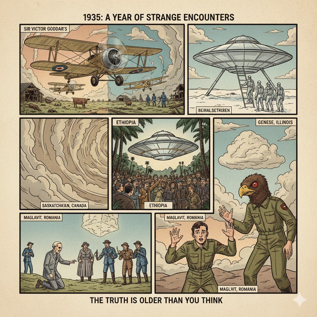 1935 UFO sightings archive collage featuring Sir Victor Goddard's biplane, a disc over Ethiopia, and the eagle-headed entity from Illinois