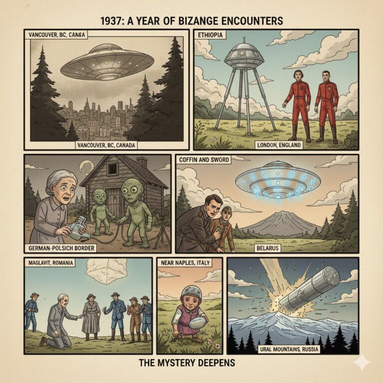 1937 UFO sightings archive collage featuring Vancouver disc and Russian humanoid encounters