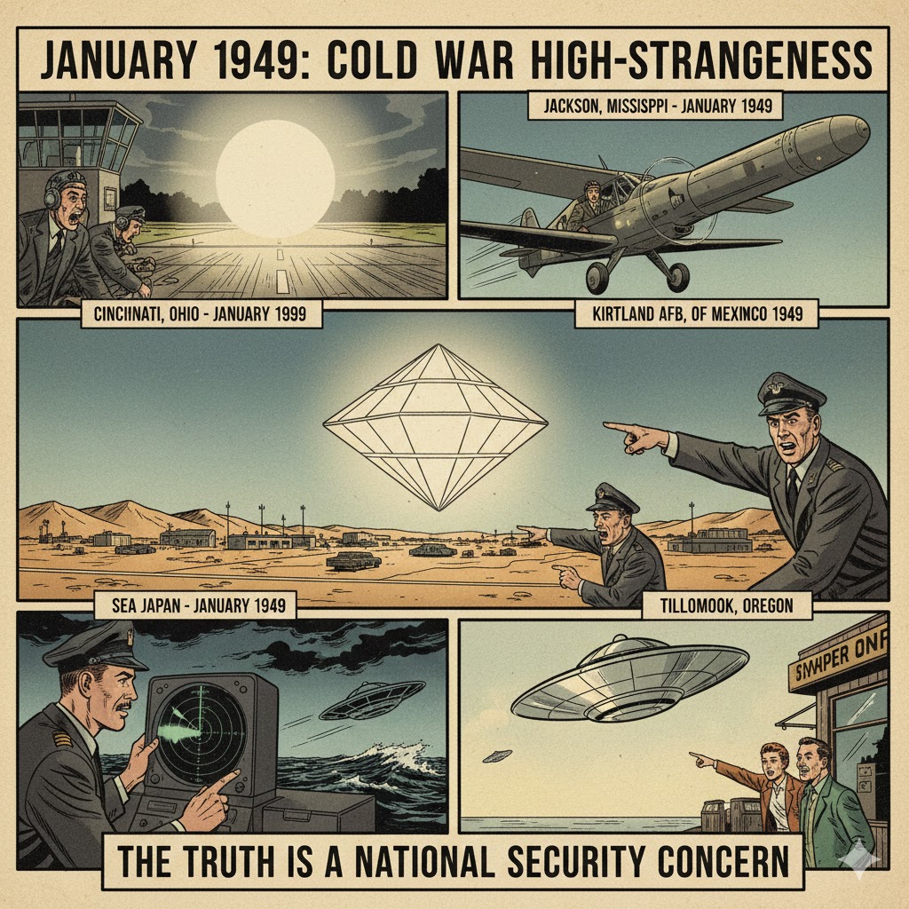 January 1949 UFO Sightings and Alien Encounters Archive Collage