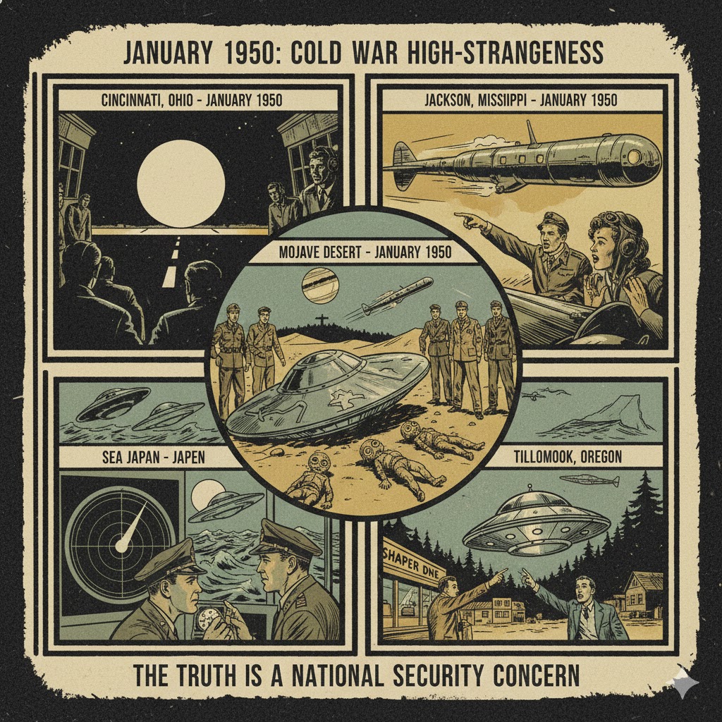 January 1950 UFO Sightings and Alien Encounters Archive Collage