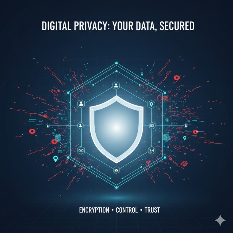 A secure digital privacy shield icon representing data protection, encryption, and user trust for the Think AboutIts privacy policy.