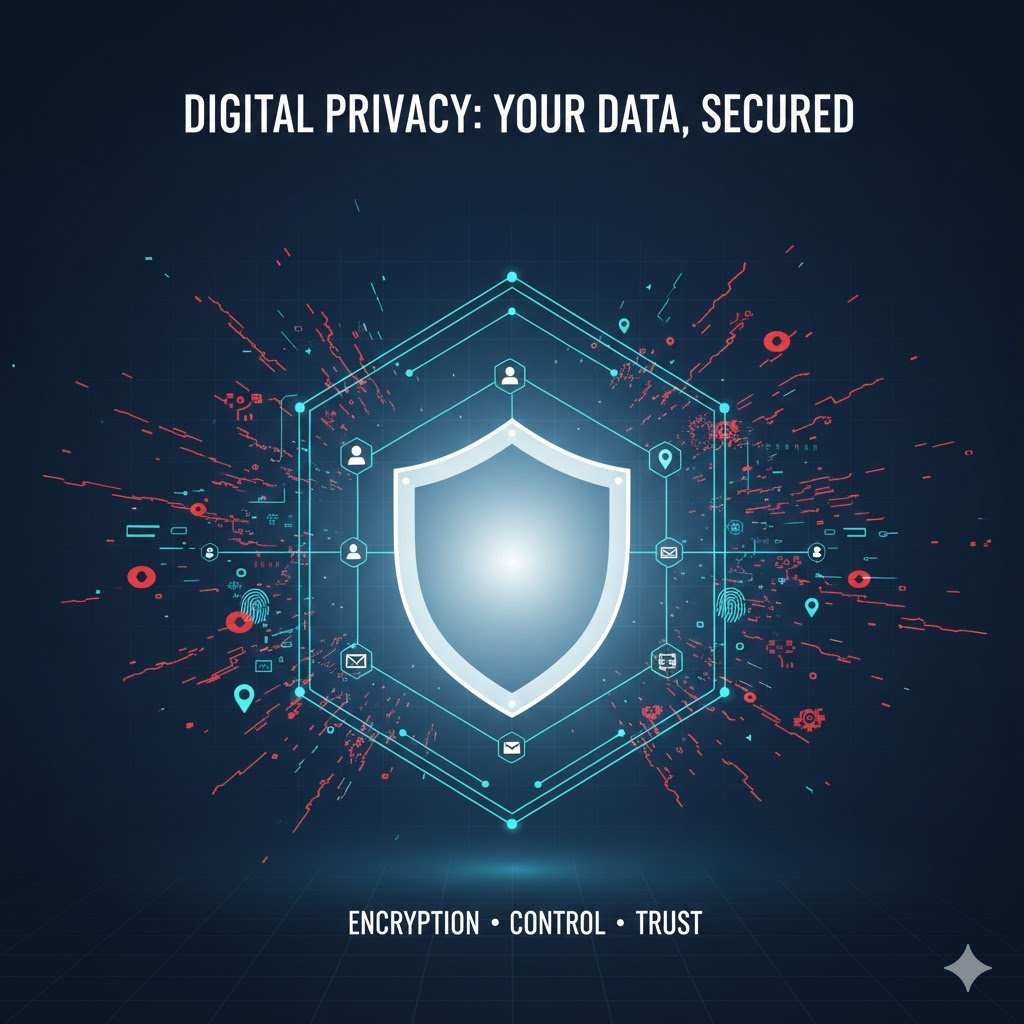 A secure digital privacy shield icon representing data protection, encryption, and user trust for the Think AboutIts privacy policy.