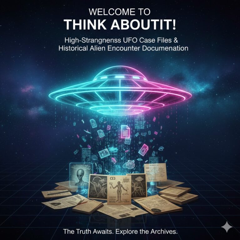 Official welcome banner for Think AboutIt, featuring high-strangeness UFO case files and historical alien encounter documentation.
