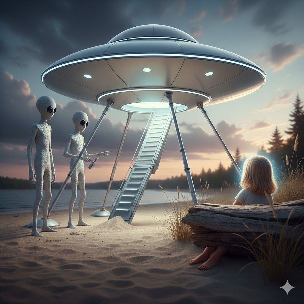 Artist's recreation of the 1954 Kensington Lake encounter, showing a white metallic saucer on telescoping legs and tall humanoid beings seen from the perspective of a 5-year-old witness.