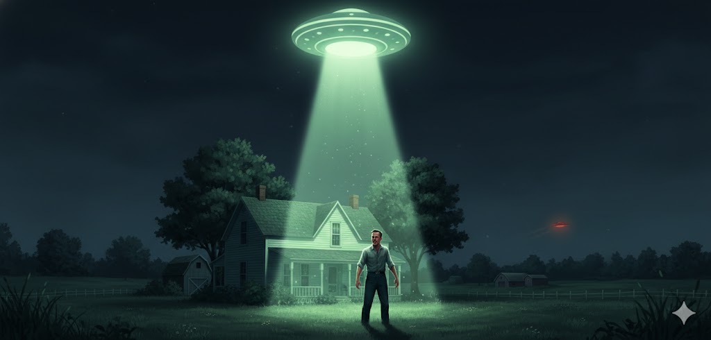Artist's recreation of the 1957 Merom, Indiana UFO sighting, showing a 40-foot luminous disc projecting a brilliant beam of light down onto a witness and a farmhouse at night.