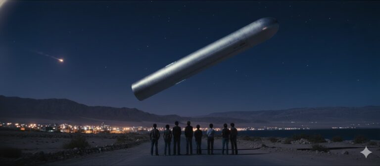 Digital illustration of 20 witnesses in Eilat, Israel, observing a silvery-pewter cigar-shaped UFO hovering at a 45-degree angle in the night sky.