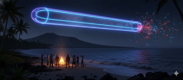 Digital illustration of a massive, translucent eight-sided tube-shaped UFO with neon blue outlines hovering over a bonfire on Makena Beach, Maui, in 1999.