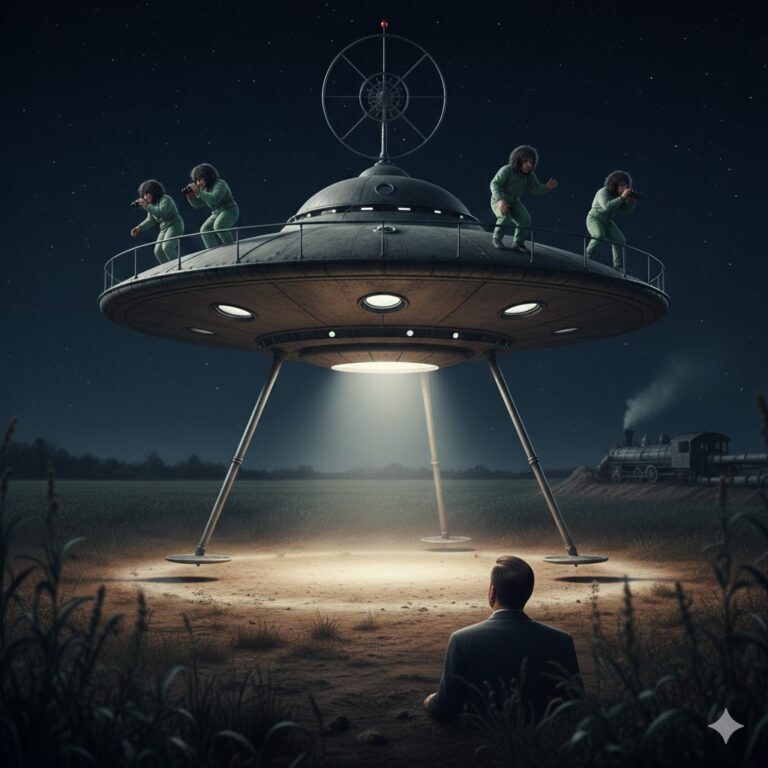 Reconstruction of the 1940 Rex Ball UFO abduction in Geneseo, Illinois, showing a Saturn-disc craft with a radio direction finder on top, tripod landing gear, and a witness observing from a field near a locomotive.