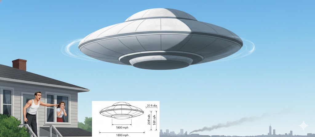Technical reconstruction of the 1948 Indianapolis UFO sighting by Vernon Swigert, showing a 20-foot wide white domed disc with a 3:1 ratio.