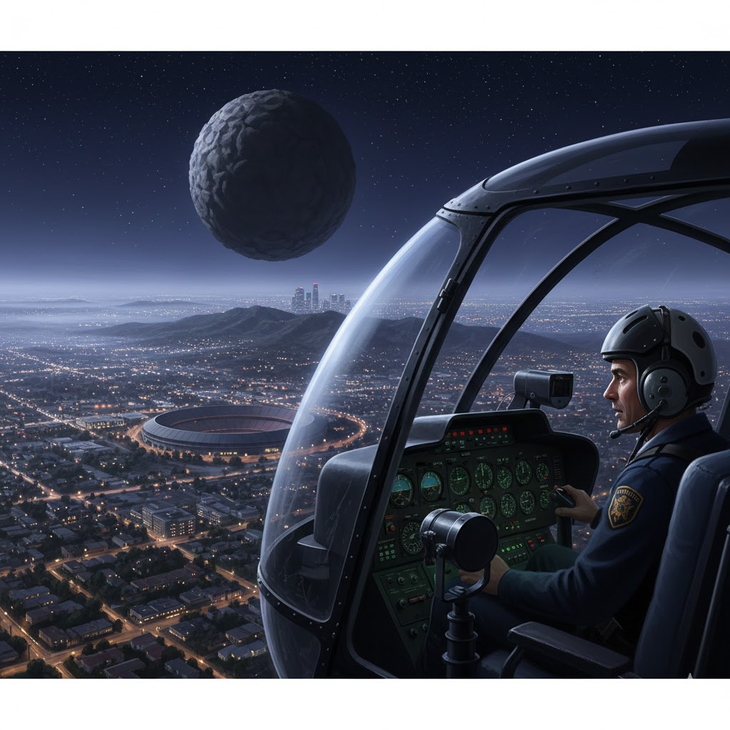 Technical reconstruction of the 1972 Pasadena UFO sighting, showing a rotating balloon-like object as seen from a police helicopter cockpit over the California foothills.