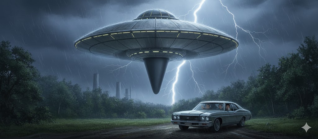 Artist reconstruction of the 1973 Princeton Indiana UFO encounter showing a pickled metal saucer with a dark laser-like light cone during a lightning storm.