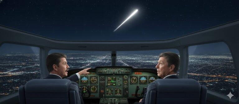 Historical reconstruction of the 1974 Ronald Reagan UFO sighting from a Cessna Citation cockpit, showing the bright light over Bakersfield.