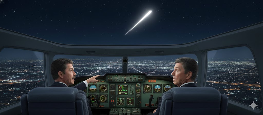 Historical reconstruction of the 1974 Ronald Reagan UFO sighting from a Cessna Citation cockpit, showing the bright light over Bakersfield.