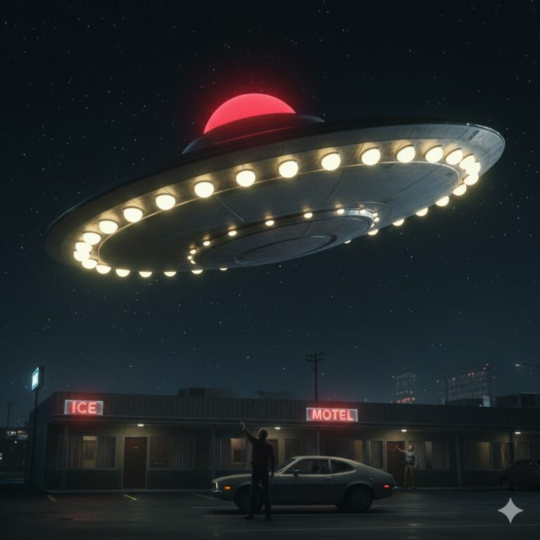 Historical reconstruction of the July 1977 Anderson, Indiana UFO sighting showing a rotating disc with gold-ball lights over a motel parking lot.