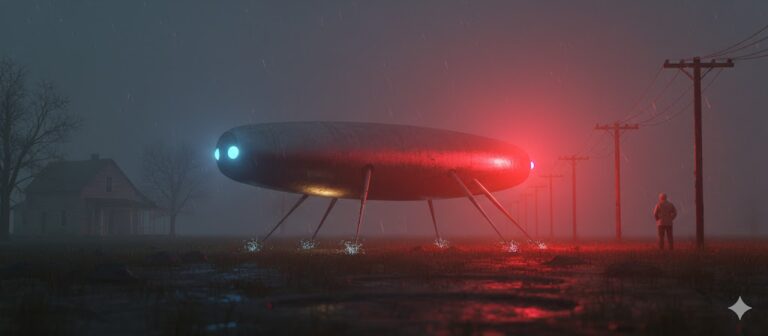 Illustration of the 1966 Yorktown Iowa UFO landing showing a cigar-shaped craft with red and blue lights on landing legs near rural power lines.