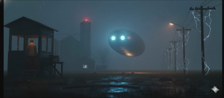 1977 Walcott Iowa UFO sighting showing an oval craft with flashing headlights over an industrial plant and grain elevator at night.