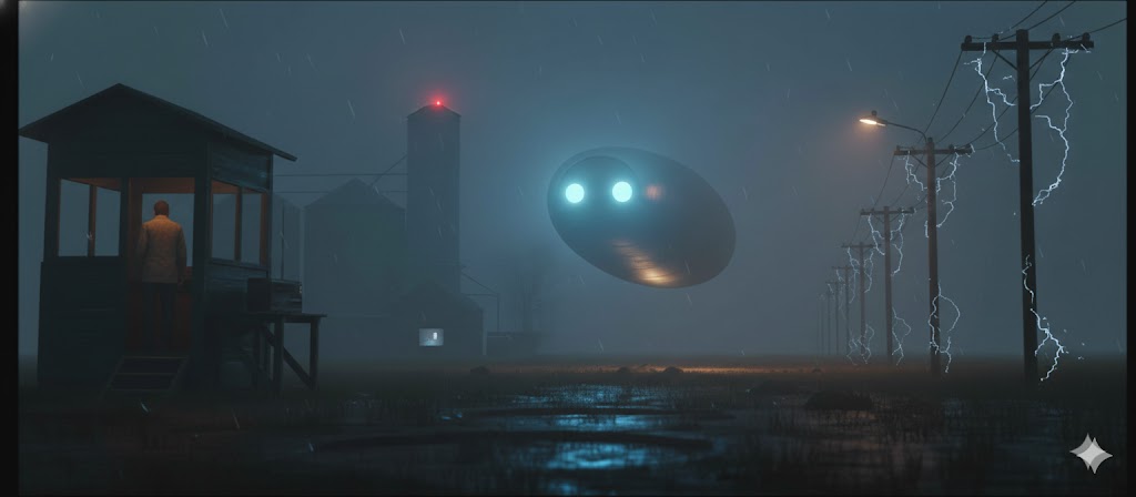 1977 Walcott Iowa UFO sighting showing an oval craft with flashing headlights over an industrial plant and grain elevator at night.
