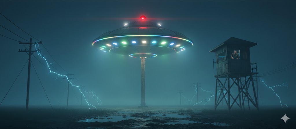 1977 Louisiana UFO sightings: saucer-shaped craft with rotating lights hovering near Yscloskey Shell refinery illustration