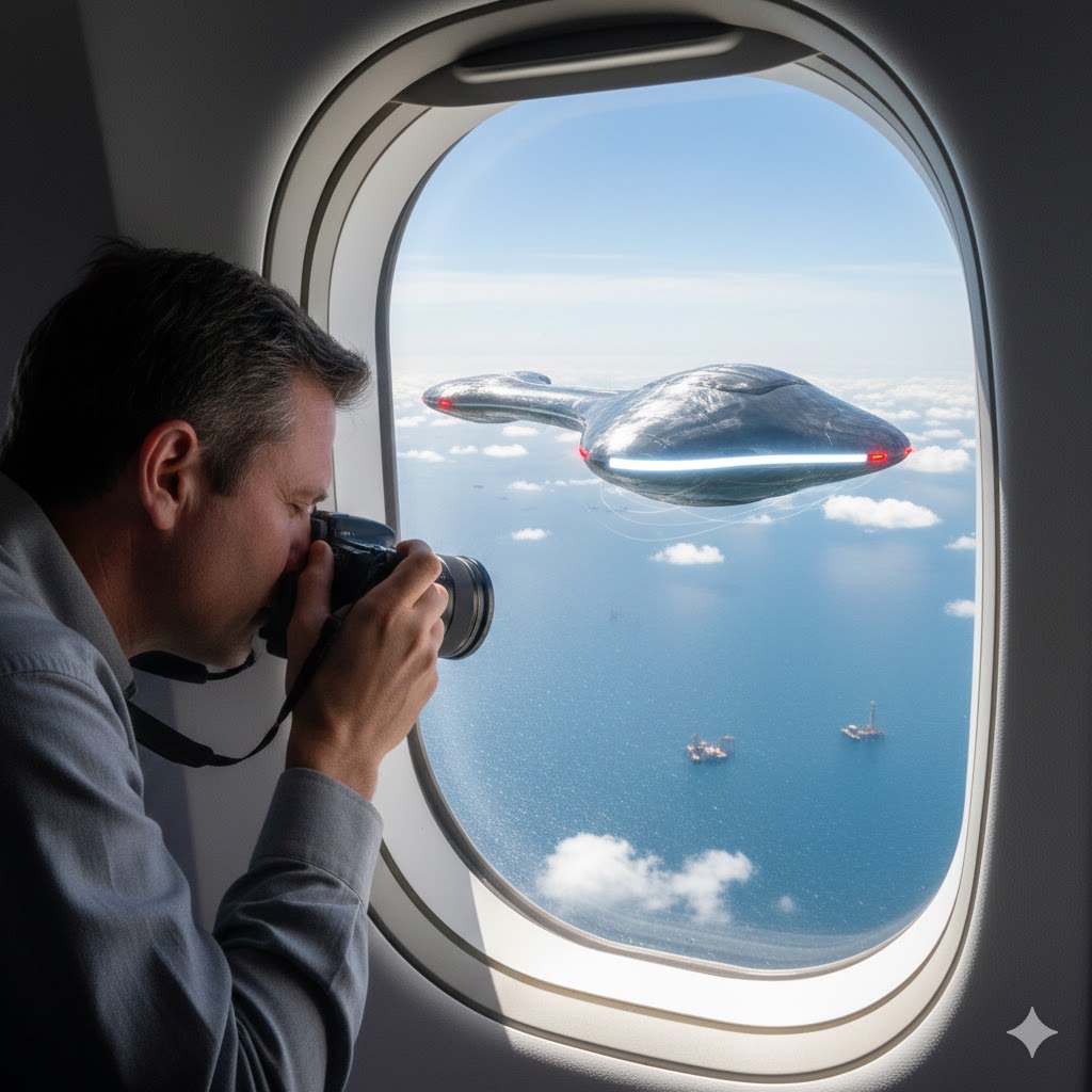 Illustration of a commercial passenger photographing a banjo-shaped silver UFO over the Gulf of Mexico in 2003.