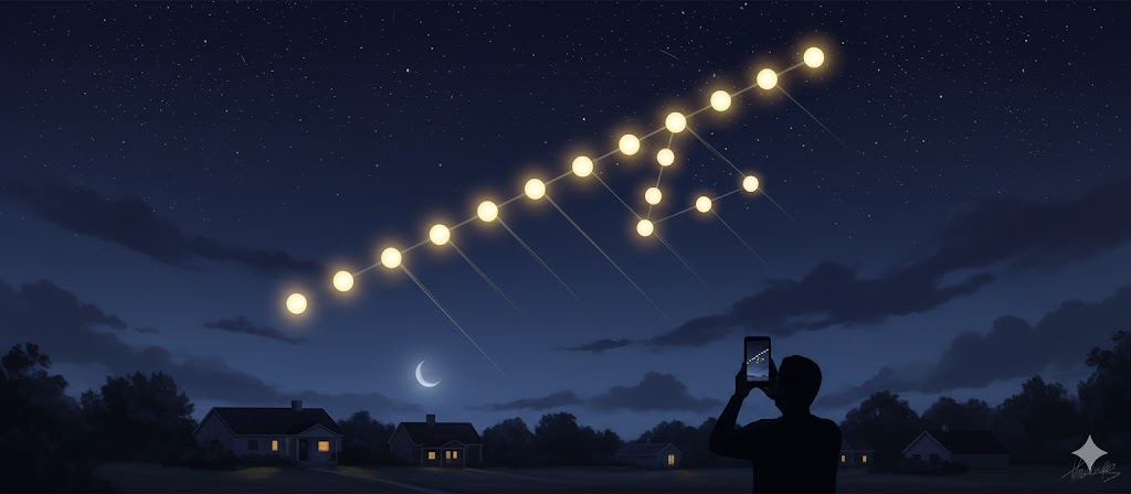 Twelve glowing orbs in diagonal and triangular formations over a Louisiana house at night.