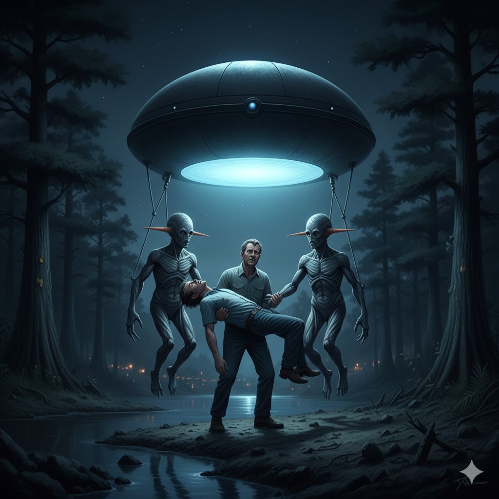 1973 Pascagoula UFO abduction reconstruction showing Charles Hickson, Calvin Parker, and carrot-eared entities by the river.
