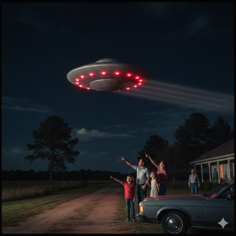 Illustration of the Alexander family in Jayess, Mississippi, watching a grey dish-shaped UFO with red lights hover over a rural road in 1977.
