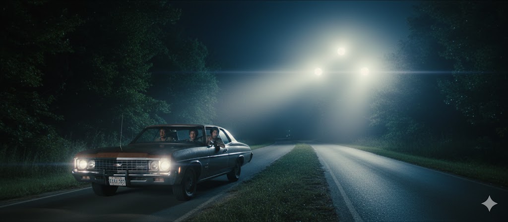 Illustration of two witnesses in a car observing three massive, bright UFO lights hovering 50 feet above the treeline near Jackson, Mississippi in 1974.