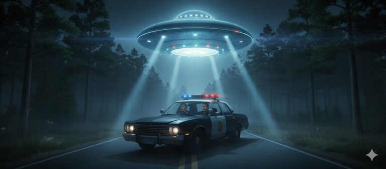 Illustration of Deputy Kenneth Creel and Constable James Luke in their patrol car with a metallic blue UFO hovering 20 feet above them in Flora, MS, 1977.