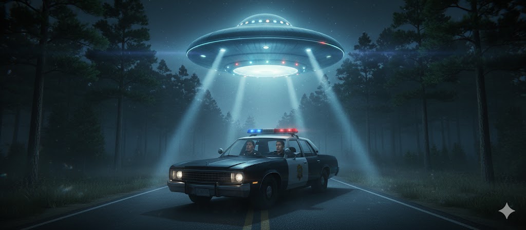 Illustration of Deputy Kenneth Creel and Constable James Luke in their patrol car with a metallic blue UFO hovering 20 feet above them in Flora, MS, 1977.