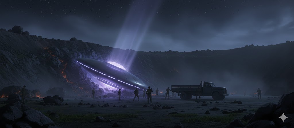 Illustration of a glowing oval UFO crashed at the Robinson copper mine near Ely, Nevada in 1952 with military recovery teams.