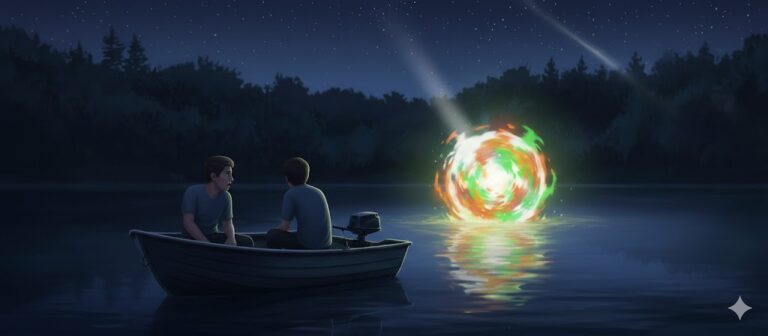 Visual reconstruction of two teenagers in a rowboat on Whaley Lake, NY, 1984, staring directly at a glowing, multi-colored UFO hovering just above the water's surface.