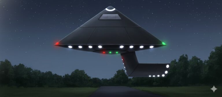Illustration of a dark grey triangle UFO with an L-shaped tail and multi-colored lights hovering over a rural road in Mahopac Falls, NY.