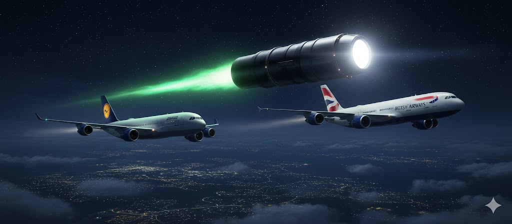 Cylindrical UFO with a glowing green tail passing between Lufthansa and British Airways airliners over Long Island, 1995.