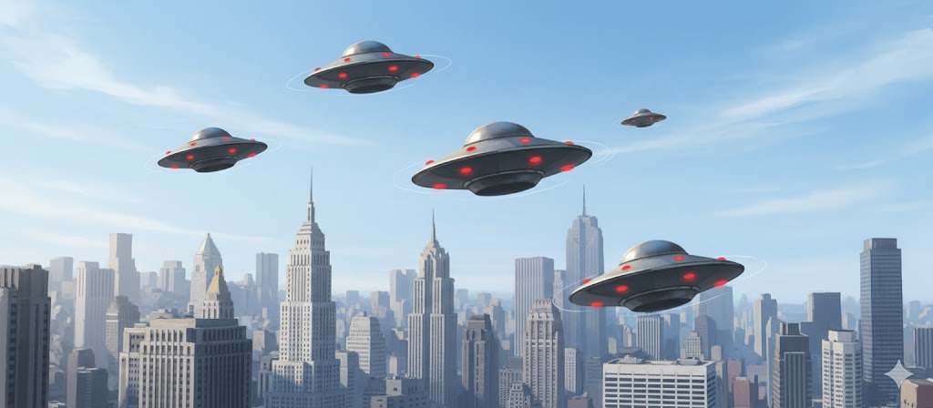 Detailed illustration of four dark silver metallic UFO discs with blinking red lights flying in formation over the Midtown Manhattan skyline during the 2004 New York City sighting.