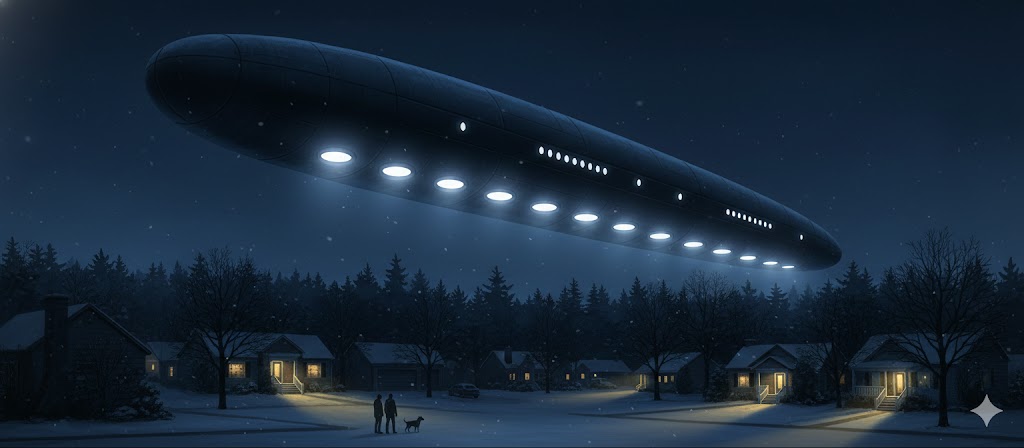 Illustration of a large, cigar-shaped UFO with multiple white lights hovering low over a residential Syracuse neighborhood at night.