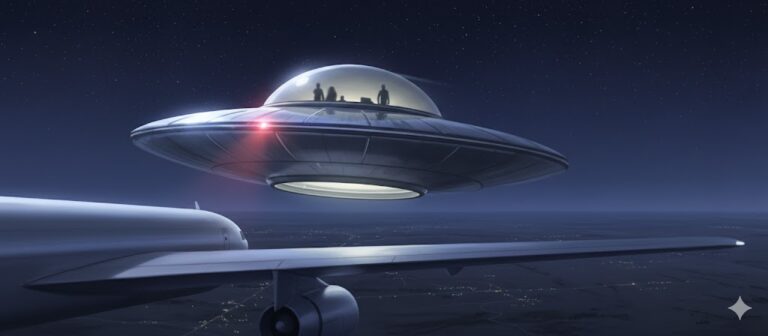 Illustration of a silvery domed disc UFO with shadowy entities inside, flying near a DC-8 cargo airliner over Oklahoma, 1973.