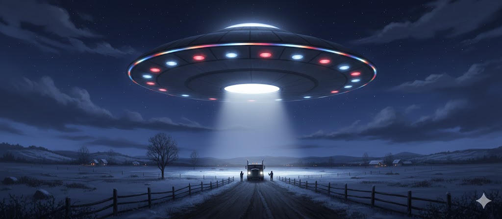 Illustration of Marlen Hewitt's 1956 encounter with a color-changing saucer near Redfield, SD.