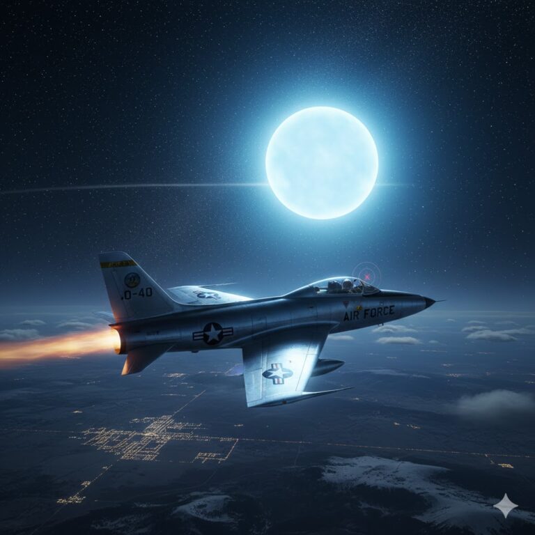 1953 Ellsworth AFB UFO encounter: An F-84 jet intercepting a large bluish-white light over South Dakota.