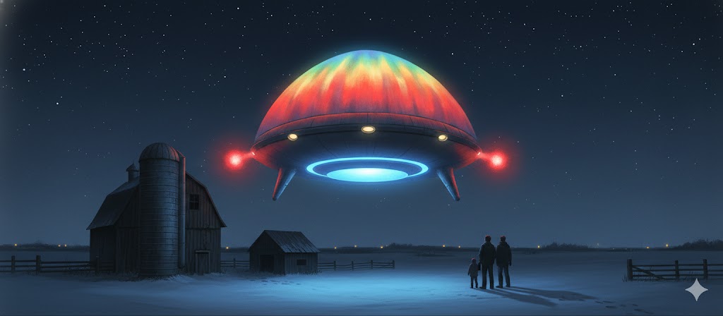 Illustration of an egg-shaped UFO with multicolored lights and landing legs hovering near a barn in Milbank, South Dakota, 1976.