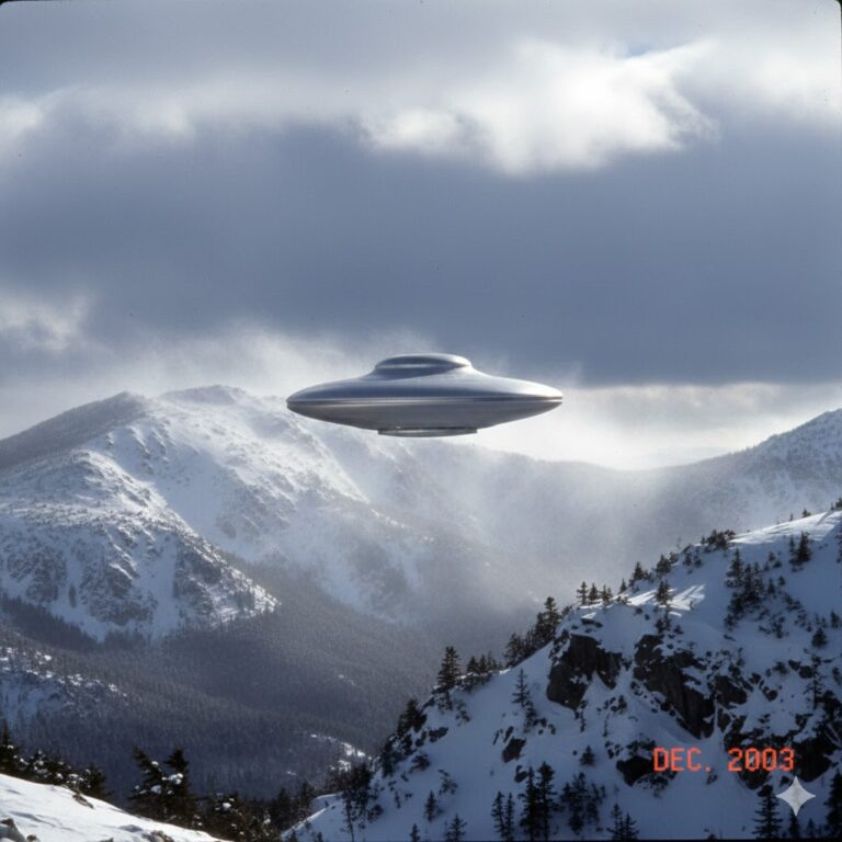 2003 Vermont mountain UFO sighting: A metallic, disc-shaped object gliding through a snowy mountain range with blowing snow and high-wind conditions