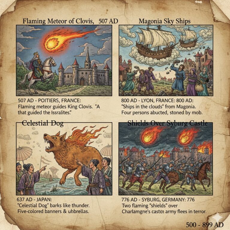 Collage of historical UFO sightings from 500-899 AD, including the Magonia sky ships, Celestial Dog of Japan, and flaming shields over Syburg Castle.