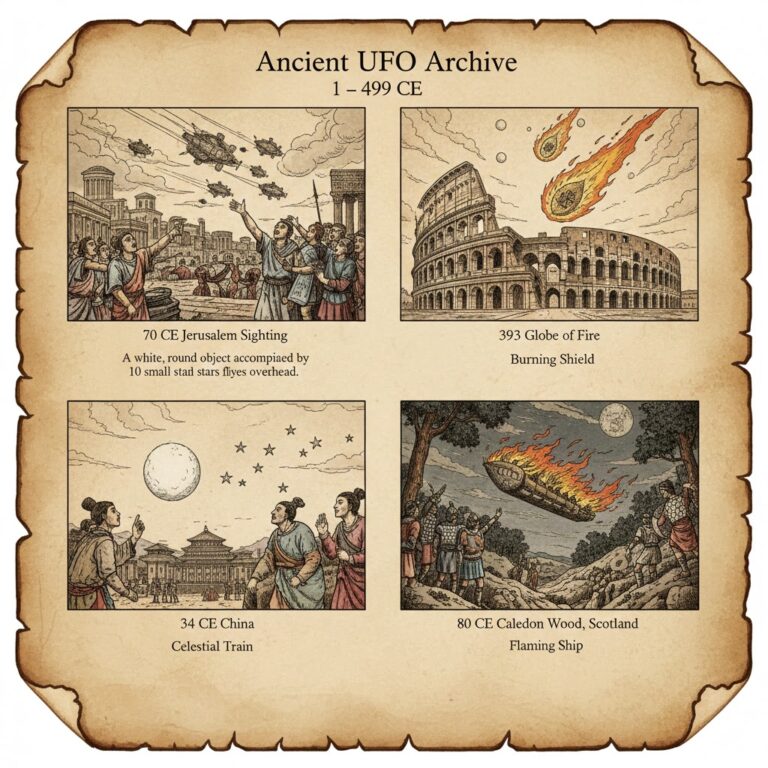 Ancient UFO Archive 1-499 CE: A collage featuring the 70 CE Jerusalem chariots, Roman burning shields, and celestial sightings in China and Scotland.