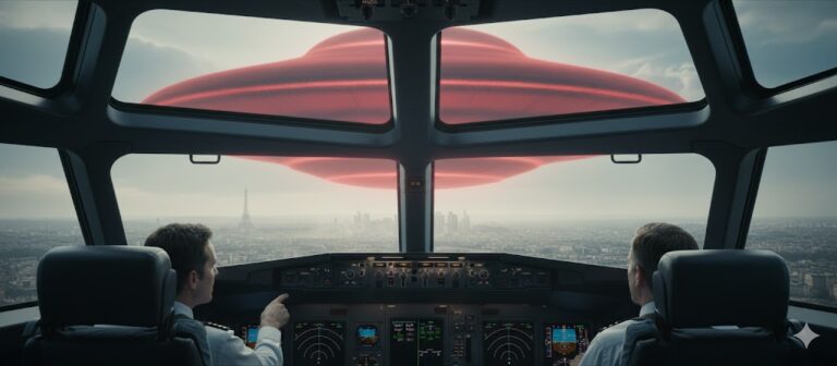 1994 Air France Flight AF-3532 UFO: A massive dark red lens-shaped craft observed from an Airbus A320 cockpit over Paris.