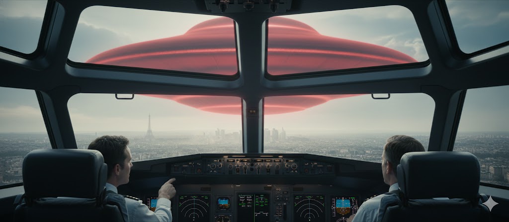 1994 Air France Flight AF-3532 UFO: A massive dark red lens-shaped craft observed from an Airbus A320 cockpit over Paris.