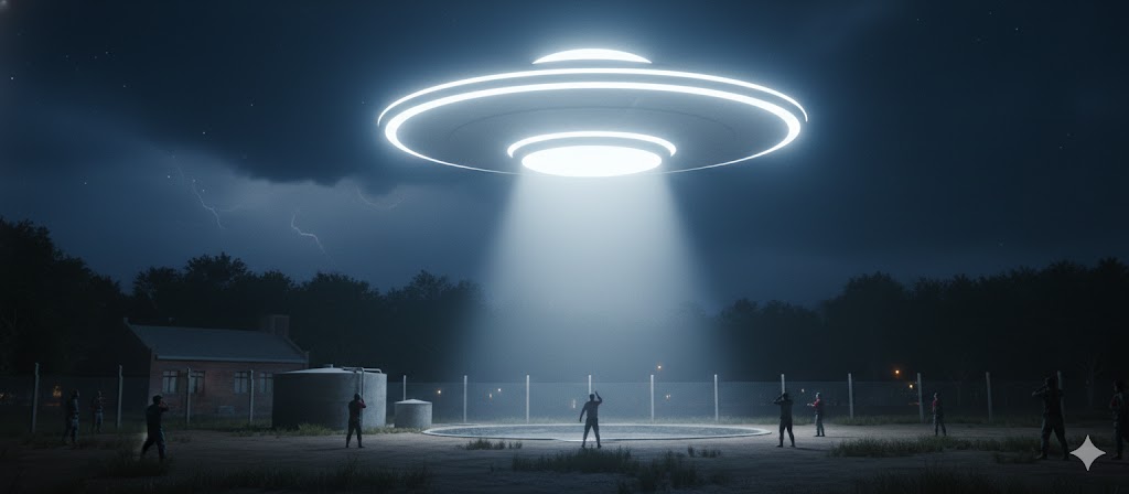 1999 Argentina military base UFO sighting: A large luminous disc-shaped craft hovering over a water tank and fence at the 12th Infantry Regiment in Santa Fe.