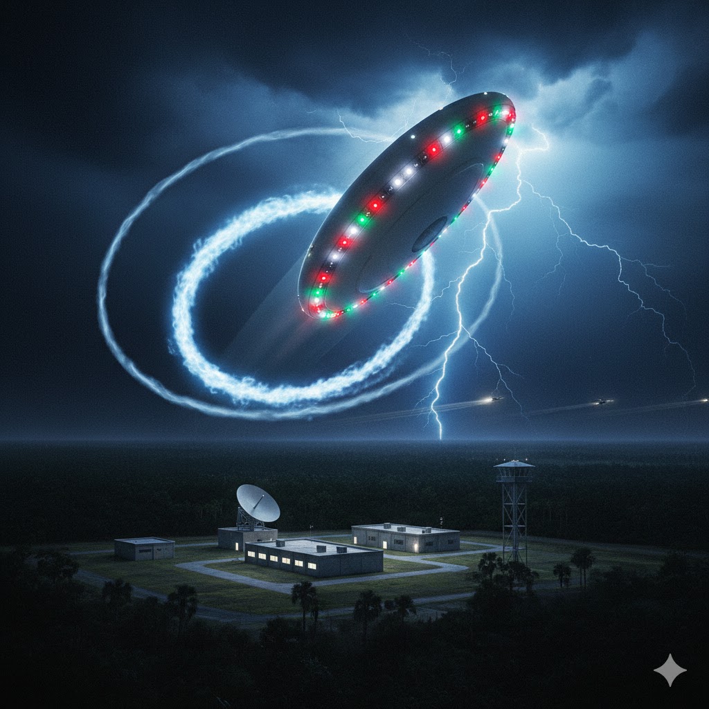 1978 Ocala Florida UFO: A moon-colored oblong craft performing a high-speed maneuver over the Pinecastle Navy tracking station.