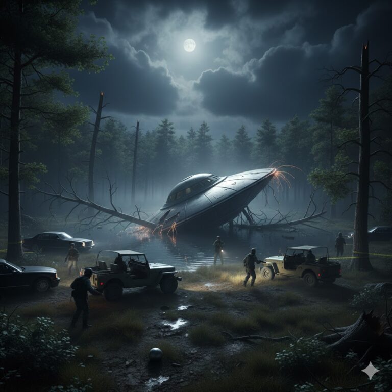 1996 Boyle Ireland UFO crash site: A metallic saucer near a lake surrounded by military Jeeps and security personnel.