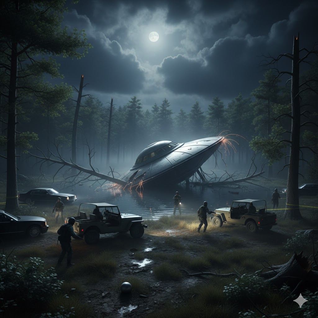 1996 Boyle Ireland UFO crash site: A metallic saucer near a lake surrounded by military Jeeps and security personnel.