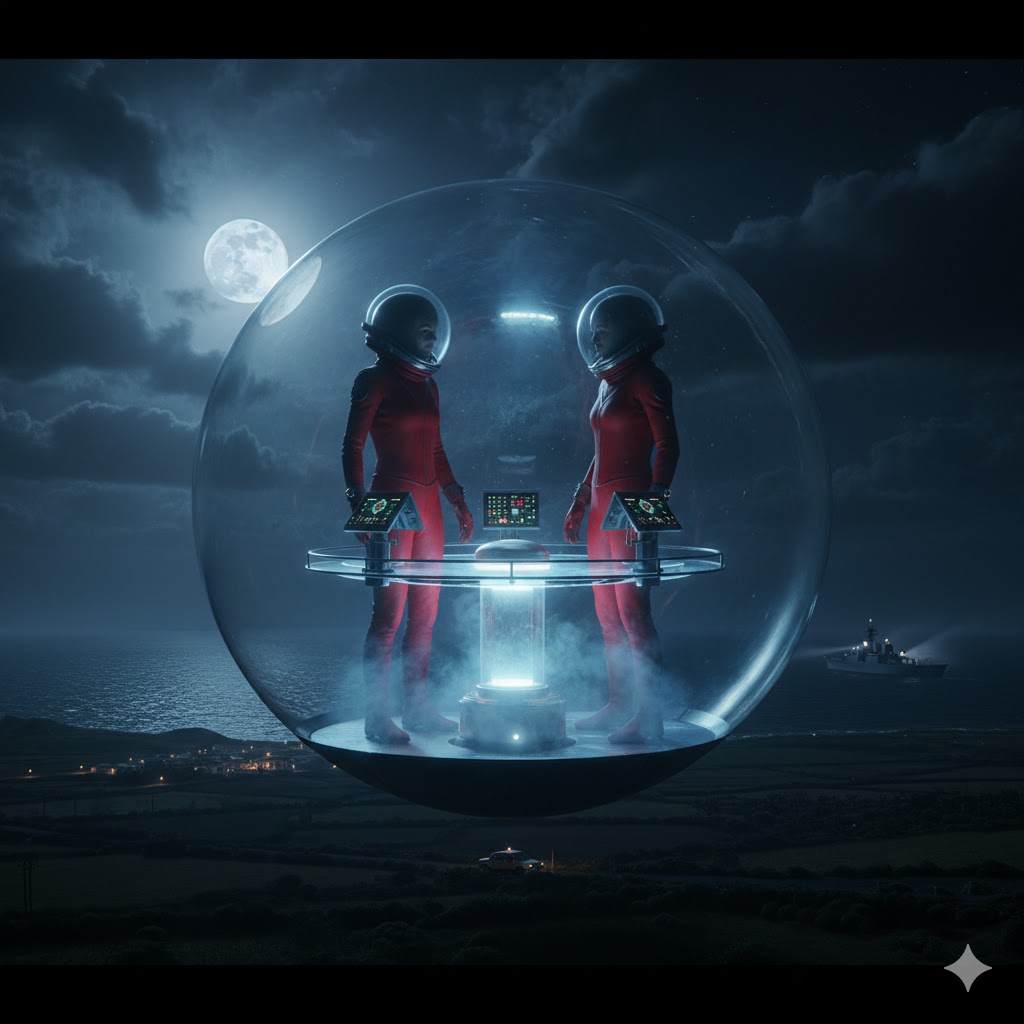 1976 Canary Island UFO encounter: Two giant humanoids in red suits inside a transparent crystalline sphere.