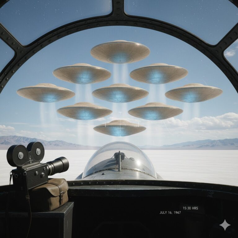 1947 Utah UFO sighting: Reconstruction of nine sand-colored discs in a V-formation rising over the Salt Flats as seen from a B-17.